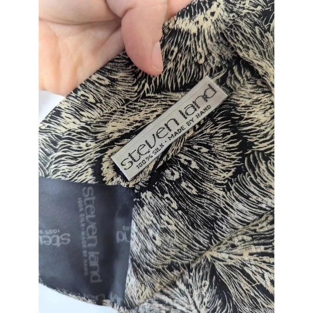 Steven Land Black & off white peacock feather print abstract silk necktie tie